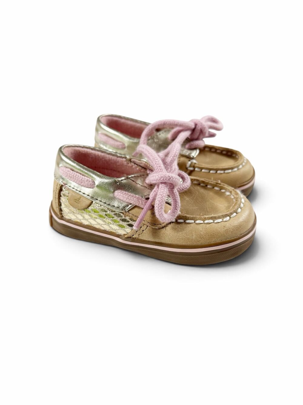 Sperry Bluefish Crib Boat Shoes Tan Metallic Gold Pink Baby Size 2